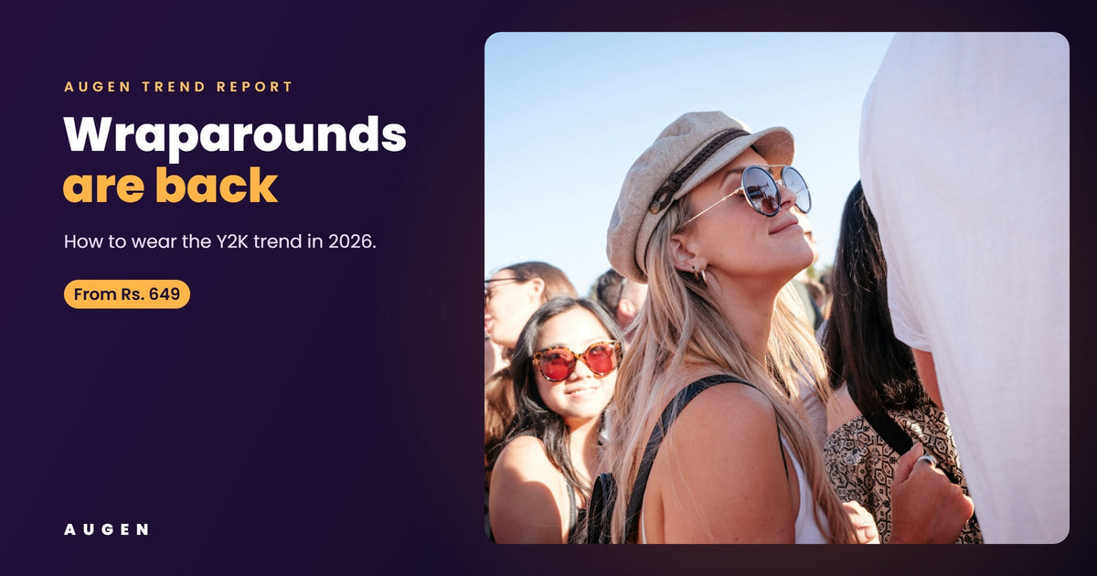 Wraparounds are back: woman at a summer festival in sunglasses and a cap