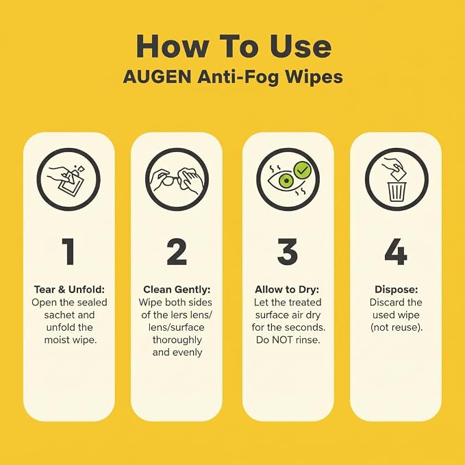 AUGEN Anti-Fog Cleaning Wipes for Glasses, Goggles | Streak-Free, Quick-Dry (30 Pcs)