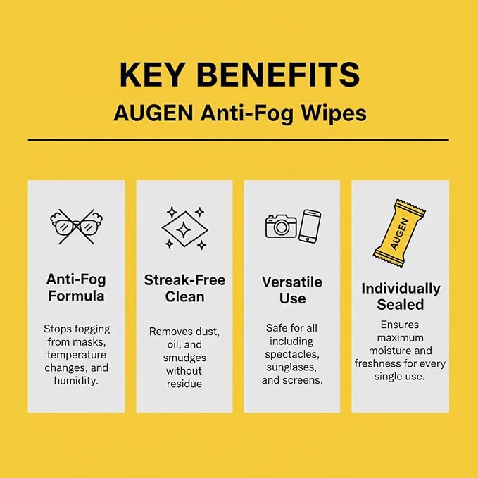 AUGEN Anti-Fog Cleaning Wipes for Glasses, Goggles | Streak-Free, Quick-Dry (30 Pcs)