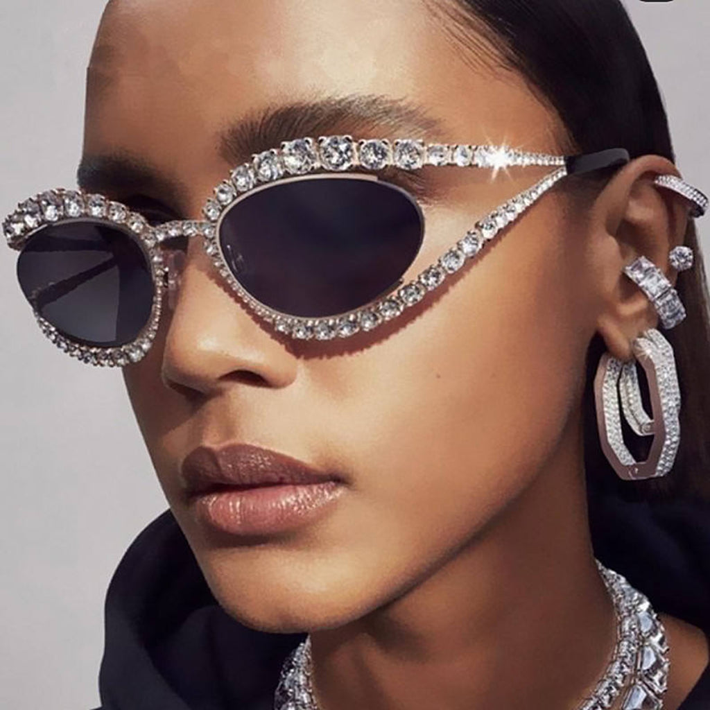 Topazia |Rhinestone Oval Metal Sunglasses
