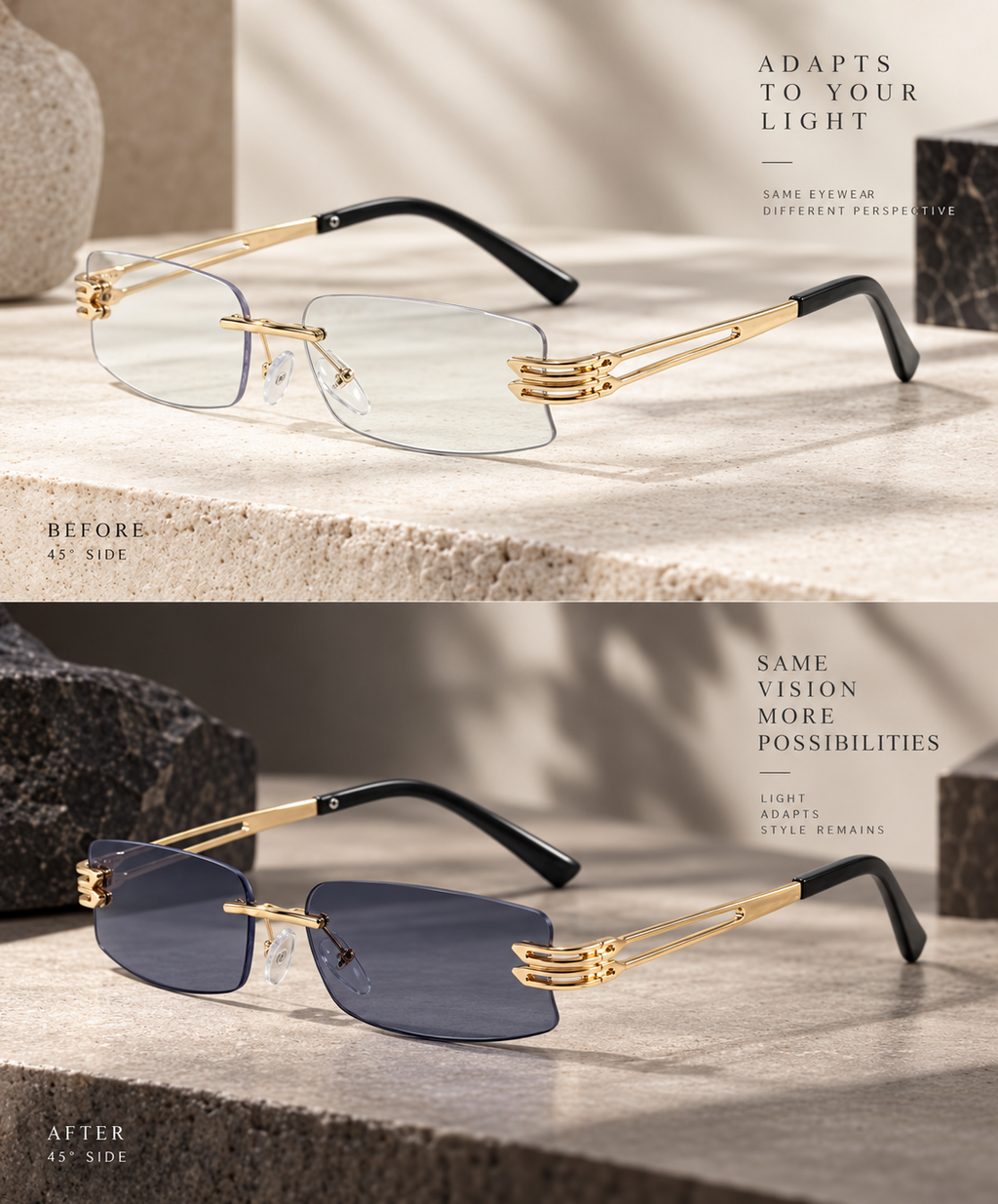 Shift Elio | Photochromic Rectangle Rimless Sunglasses