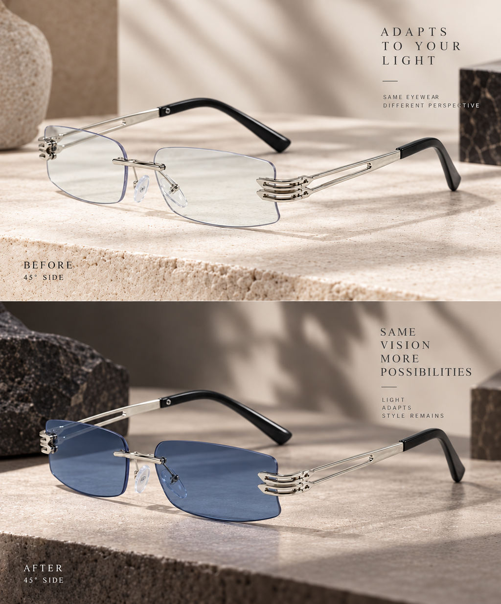 Shift Elio | Photochromic Rectangle Rimless Sunglasses