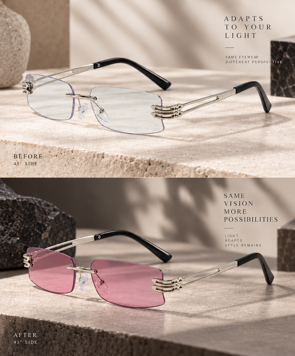 Shift Elio | Photochromic Rectangle Rimless Sunglasses