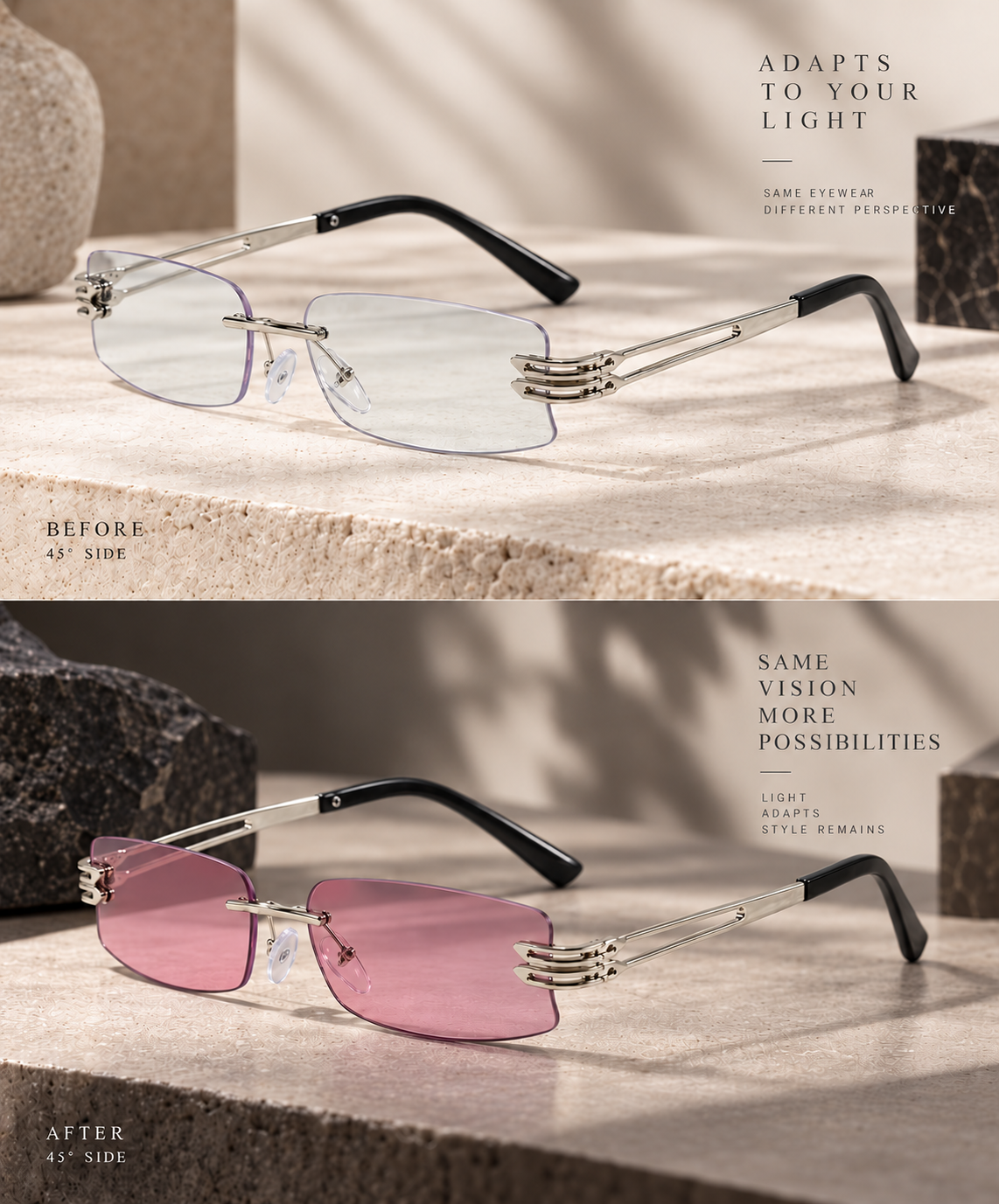 Shift Elio | Photochromic Rectangle Rimless Sunglasses