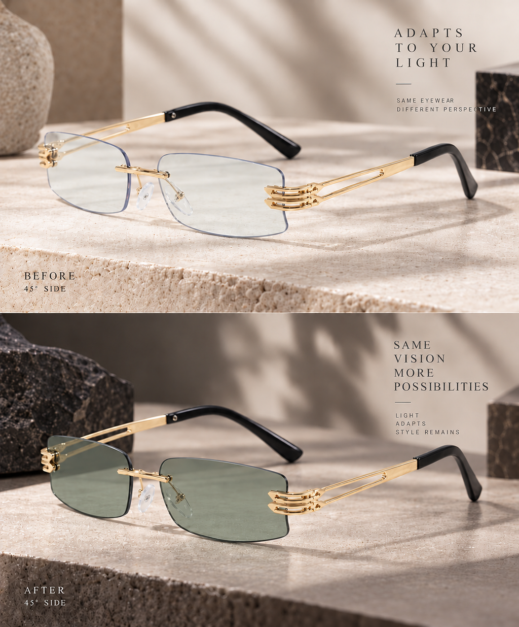 Shift Elio | Photochromic Rectangle Rimless Sunglasses