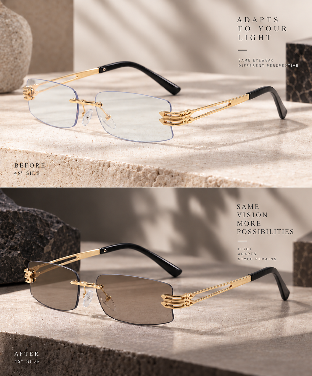 Shift Elio | Photochromic Rectangle Rimless Sunglasses
