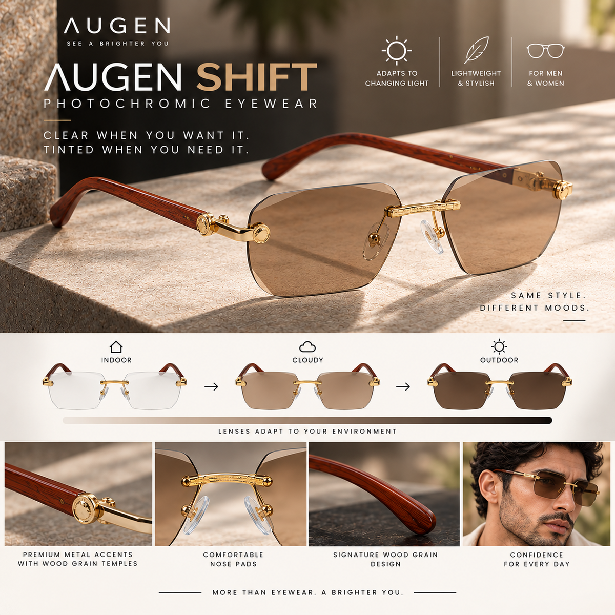 Shift Orion | Photochromic Rectangle Rimless Sunglasses