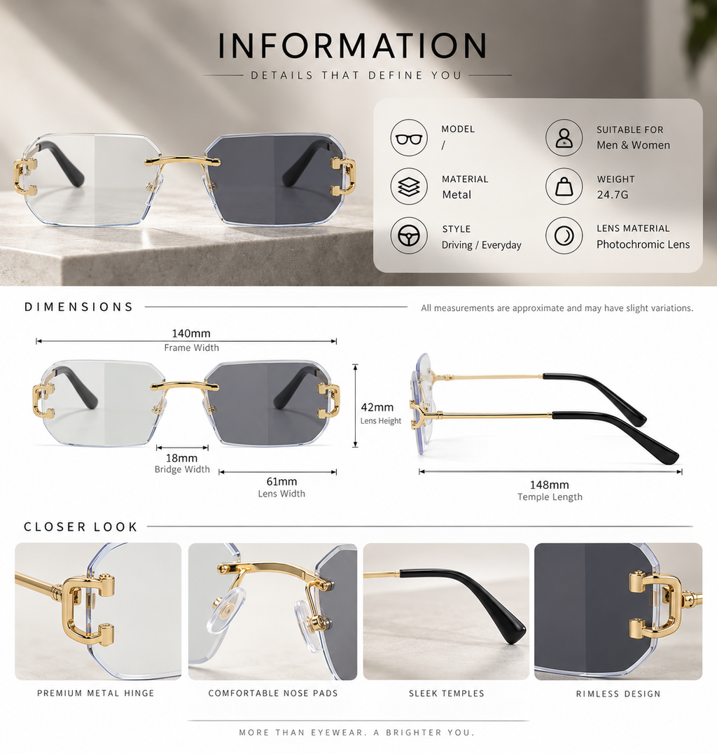 Shift Varen | Photochromic Rectangle Rimless Sunglasses