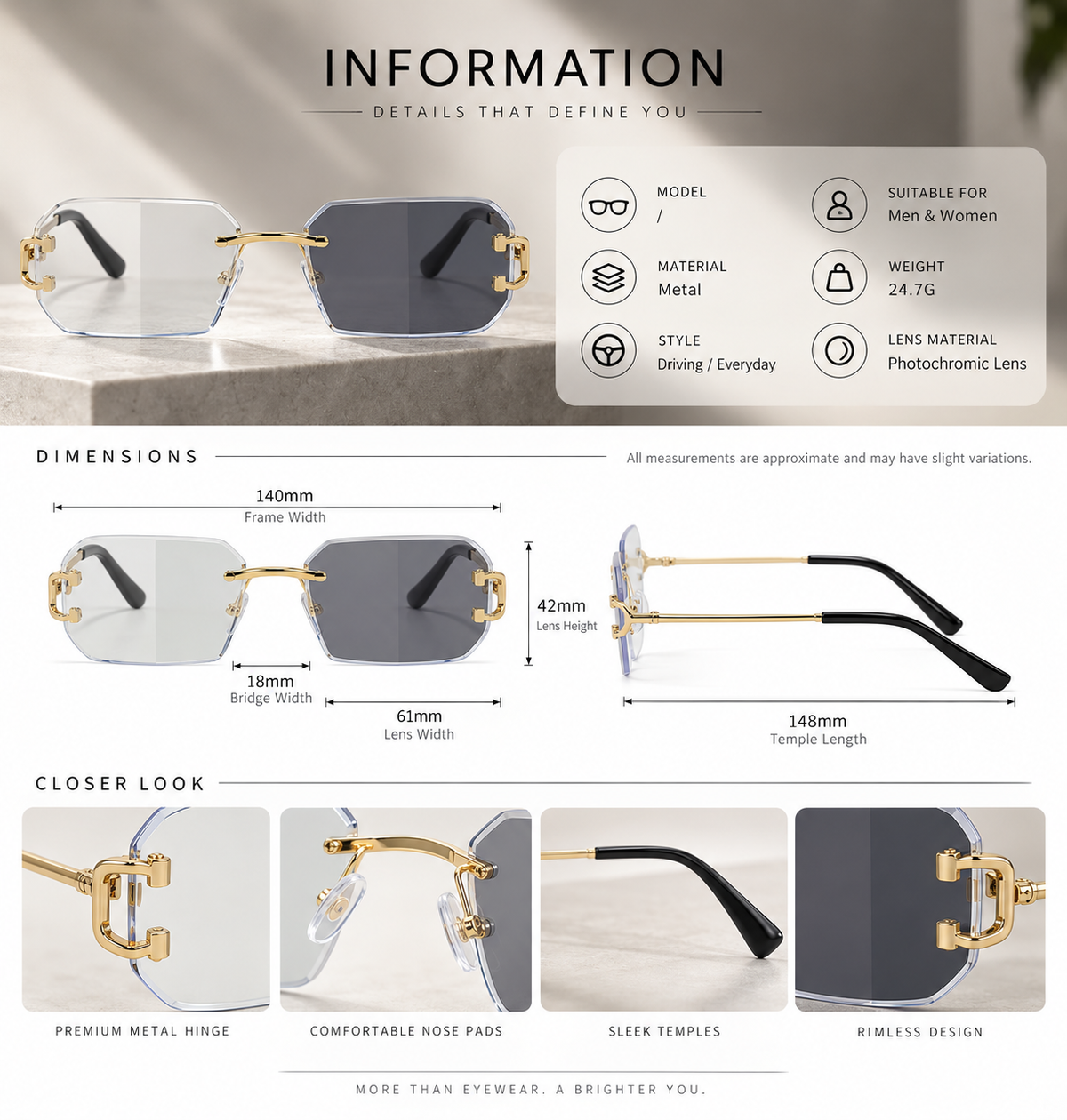 Shift Varen | Photochromic Rectangle Rimless Sunglasses