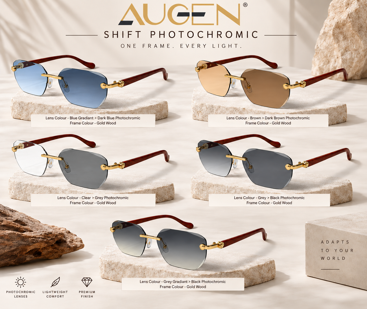 Shift Orion | Photochromic Rectangle Rimless Sunglasses
