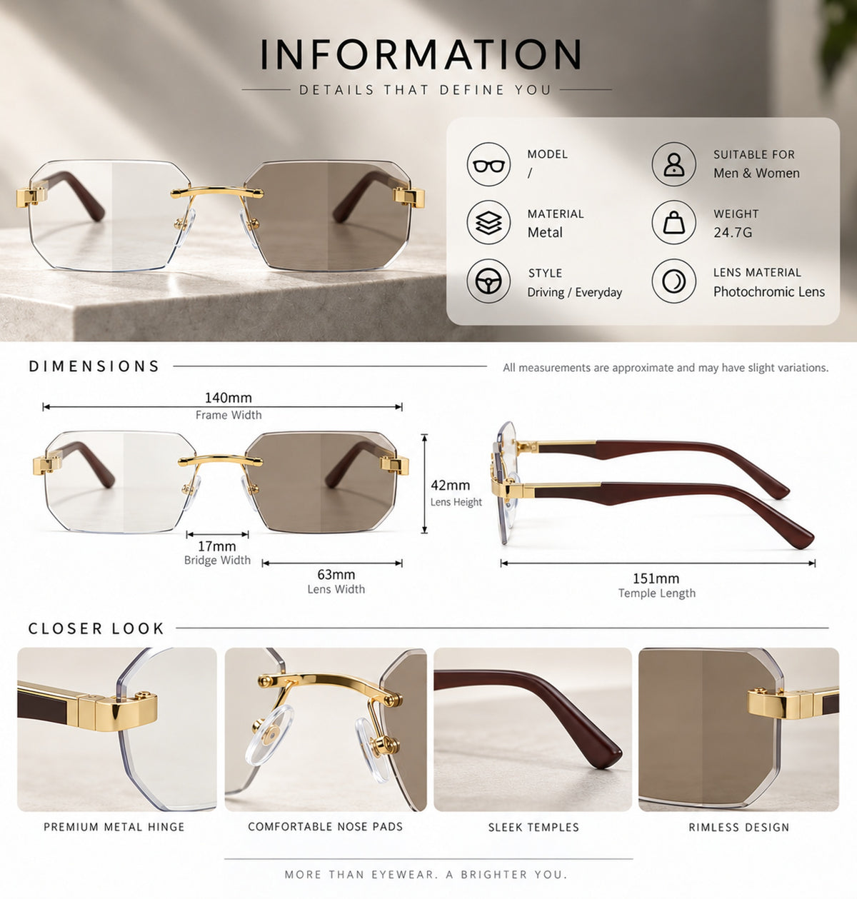 Shift Arden | Photochromic Rectangle Rimless Sunglasses