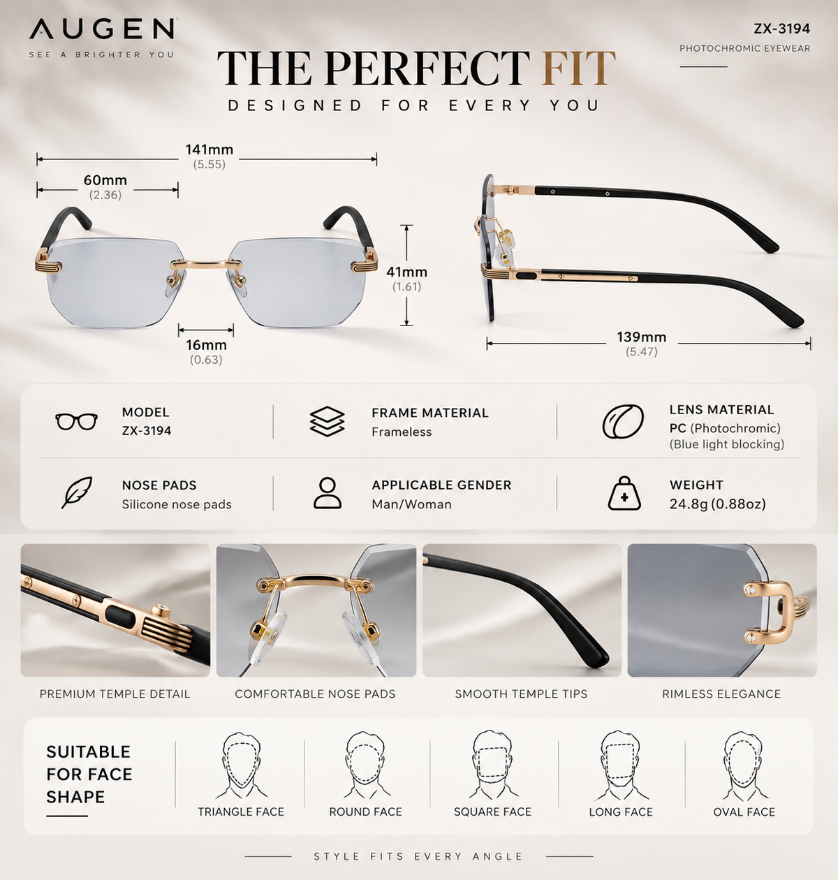 Shift Sora | Photochromic Rectangle Rimless Sunglasses